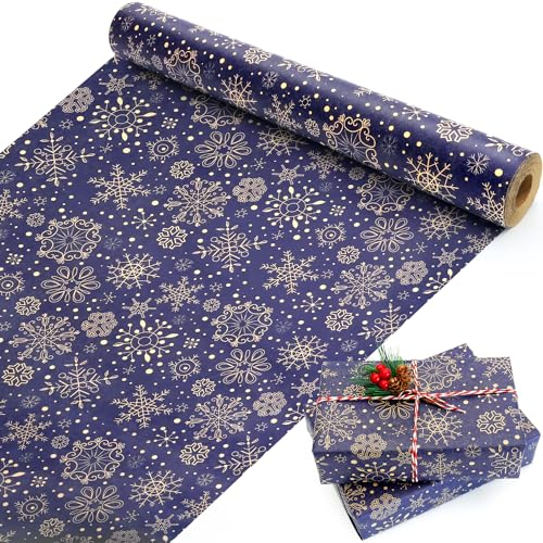 Geschenkpapier Weihnachten Rolle, Dunkelblaues und Braun Kraftpapier Geschenkpapier mit Schneeflocke, Weihnachtsgeschenkpapier für Frauen, Männer, Mädchen und Jungen, 43cm x 15M