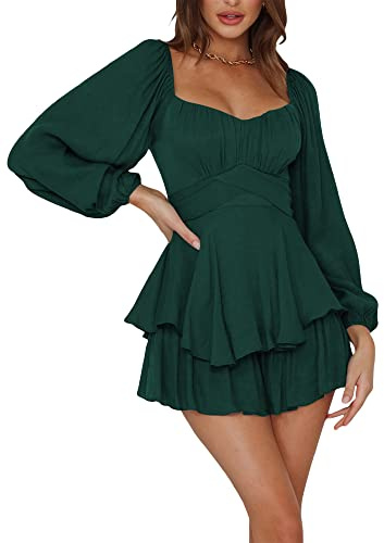 Women Puff Sleeve Square Neck Romper Dress Off Shoulder Ruffle Shorts Smocked Layered Flowy A Line MiniBeach Swing Dress Sundress (C-Dark Green, XL)