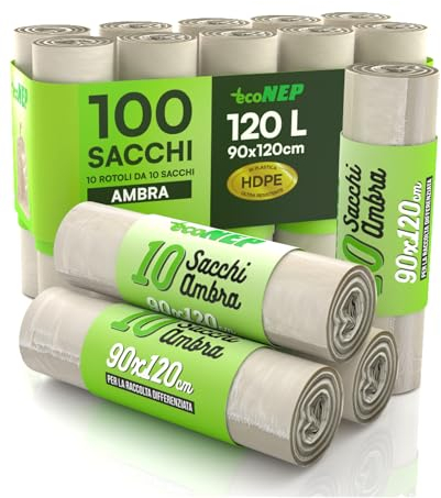 100 Sacchi Grandi Ambra Spazzatura in Plastica HDPE 120L 90x120cm Ultra Resistenti Antiforo per Raccolta Rifiuti Pattumiera Condominiale 10 Rotoli a Strappo - 100 Sacchetti