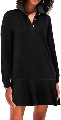 YEXPINE Women's Polo Dress Long Sleeve Collared V-Neck Ruffle Hem Mini Dresses for 2026 Spring Black