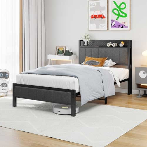 MOFLUT Single Bed Frame with Storage Headboard Shelf, 3ft Upholstered Bed Frame Single Bed with Metal Slats Enhanced Support, Gray
