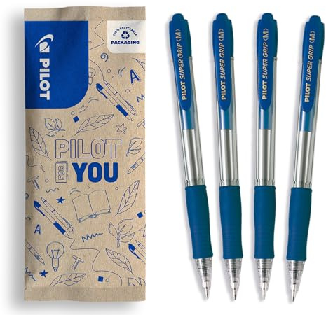 PILOT - Lot de 4 Stylos-Bille Super Grip - Stylo Rechargeable et Rétractable Bille - Bleu - Pointe Moyenne