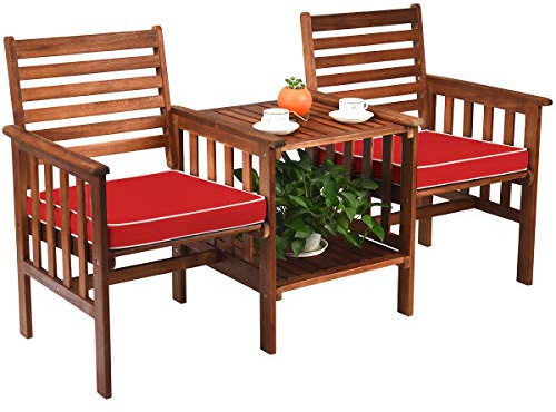 COSTWAY Trädgårdsbänk med bord, 2-sitsig träbänk med sittdyna och paraplyhål, sittbänk av akaciaträ kan belastas upp till 350 kg, terrassbänk för balkong, trädgård, terrass, 165 x 65 x 88 cm (röd)