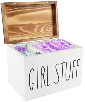 2-Fach Hygiene-Box mit Deckel Tampon Box, Binden Aufbewahrung Badezimmer, Wattepads & Wattestäbchen Praktischer Organizer für Sanitäre Produkte, Kosmetik Rustikale Aufbewahrung für Frauen weiß