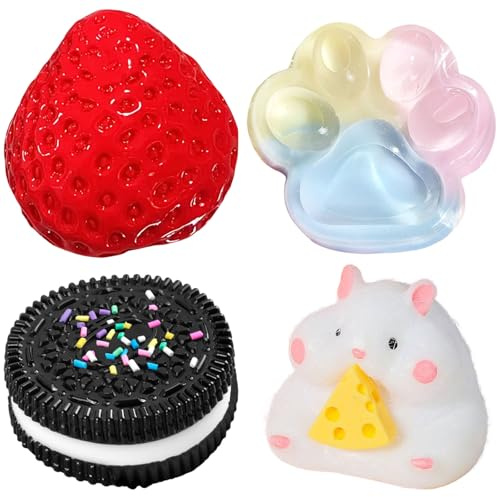 SSKHE 4Pcs Taba Squishy Set, Fraise + Hamster + Chat Paw + Hamster, Fufu Squishy Squishe Toy Squishes Kit pour Le soulagement du Stress Sensory Play Fidget Cadeaux pour Les Enfants ou Les Adultes