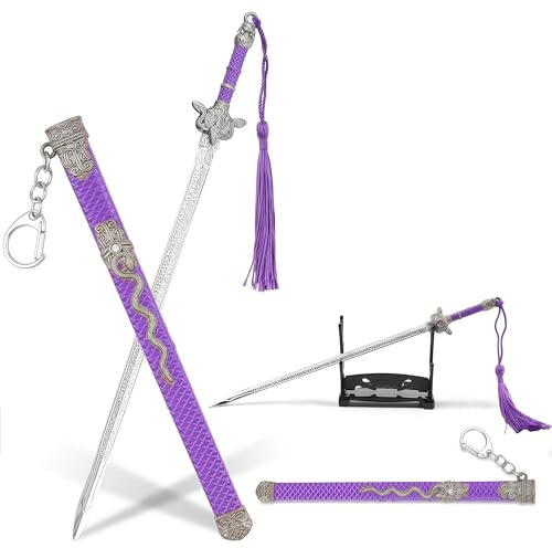 Ancient Sword Letter Opener with Purple Sheath & Display Stand - Chinese Jian Weapon Style Metal Keychain, Envelope Opener Gift for Collectors and Action Figure Arts (Purple)