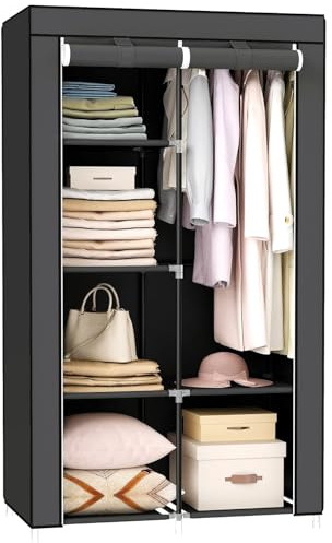 Armario de Tela, Armario de Ropa, con 1 Barra Colgante, 6 Estantes, Tela no Tejida, Marco de Metal 170x90x45cm para Dormitorio, Pasillo, Gris