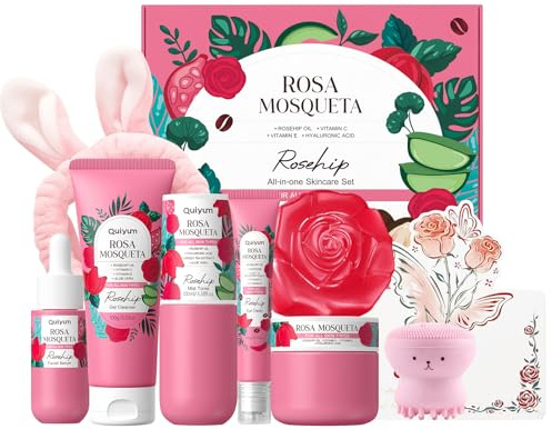 QUIYUM Set de Cuidado Facial Rosa Mosqueta 8 Piezas, Kit Skincare