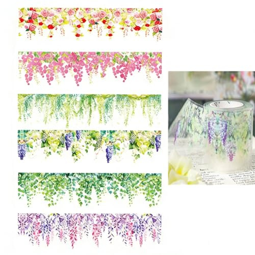 VEOIRXU 6 Pezzi Adesivi Washi Tape Set Fiori Piante Washi Tape Set Scrapbooking Stickers Trasparenti PET Per Scrapbook Artigianato Journal Artigianato Fai-da-Te Confezioni Regalo 5 Cm x 2 M (6 Stili)