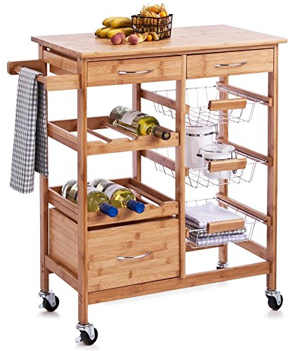 BAKAJI - Carro de Cocina de Madera de bambú con Tabla de Cortar, 2 cajones para Cubiertos, Soporte para Trapo, botelleros, 3 cestas para Fruta de Metal y 4 Ruedas giratorias