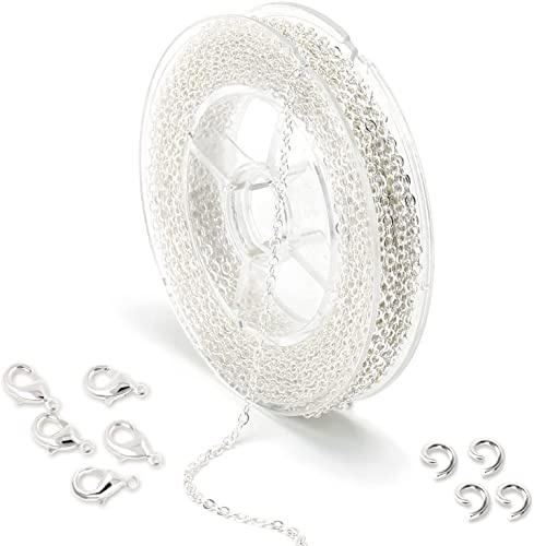 ALEXCRAFT 10m Chaîne Plate Croix Argent 1.5mm Kit 20 Mousquetons 50 Anneaux | Chaine Argent Femme Homme Anneaux Ouverts Fabrication Bijoux DIY Collier Bracelet Loisirs Créatifs
