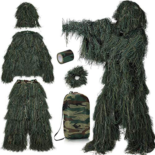 PELLOR 3D Ghillie Tarnanzug Faschingskostüme Männer, 6 Stück Set Tactics Jagdbekleidung Scharfschützenanzug, Selbsthaftend Wiederverwendbare Dschungel Woodland Camouflage Anzug Kleidung Für Jagd