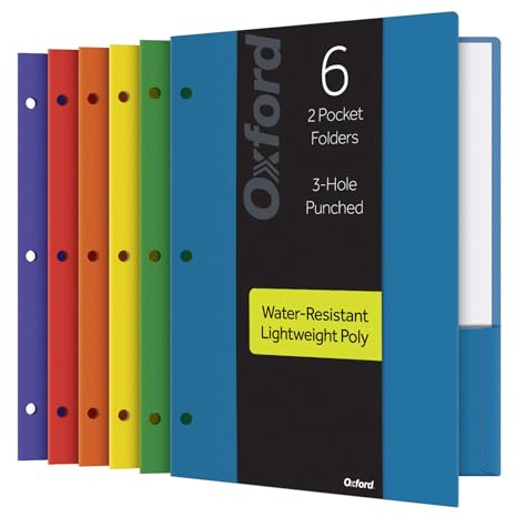 Oxford 2 Pocket Folders, Plastic Portfolio, Folder for School and Office, 2-Pocket Paper Organizer, 3 Hole Punch, Letter Size, Asst. Colors (Blue, Green, Yellow, Orange, Red, Purple), 6 Pack (14187)