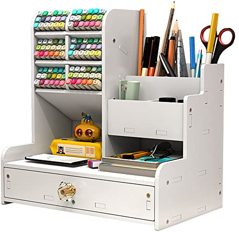 Hggzeg Organizador de escritorio con cajón multifuncional para bolígrafos, organizador de escritorio para el hogar, la oficina y la escuela (PB17-blanco)