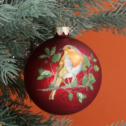 Set of 2 antique design red Glass christmas tree Baubles with Robin design 8 cm