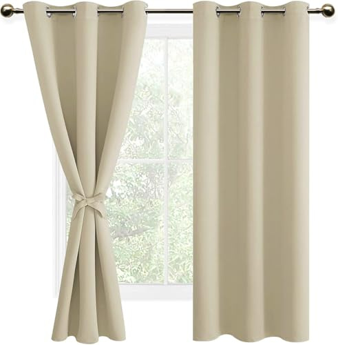 DWCN Light Beige Blackout Curtains with Tiebacks for Bedroom Thermal Insulated Solid Eyelet Curtains for Living Room,2 Panels,46 Wide x 72 Drop