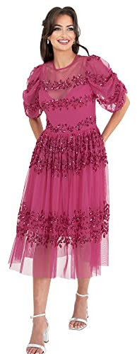 Maya Deluxe Womens Midi Dress Ladies Sequin Embellished Short Sleeve Dress for Wedding Guest Bridesmaid Prom Ball Evening Occasion, Robe Femme, Fuchsia,