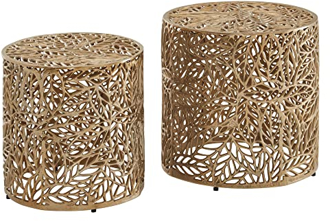 KADIMA DESIGN Satztisch-Set mit floralem Muster - Beistelltisch aus Aluminium in Gold - 2-teiliges Couchtisch-Set in modernem Design