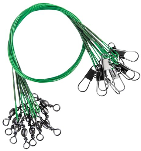 Alwonder 50-Pack Fishing Leaders, Fish Line Stainless Steel Wire with Swivels Snap, High-Strength 30LB Hi-Low Rig Fishing Wire Leader Fishing Tackle Gear Connector for Lures Baits Rigs Hooks Green 8IN