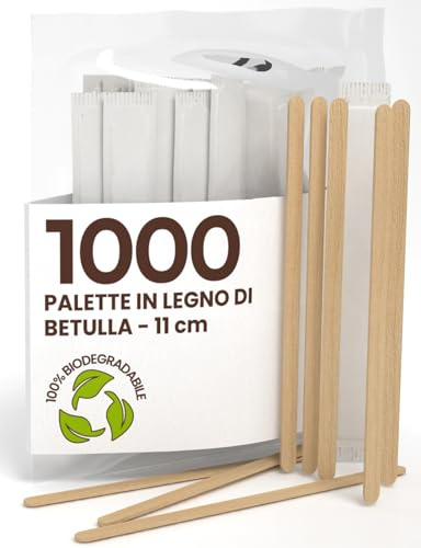 1000 Palette Lunghe da Caffè e Cappuccino Monouso in Legno di Betulla da 11cm, Imbustate Singolarmente, Biodegradabili e Compostabili, Resistenti al Calore per Mescolare Caffè e Bevande