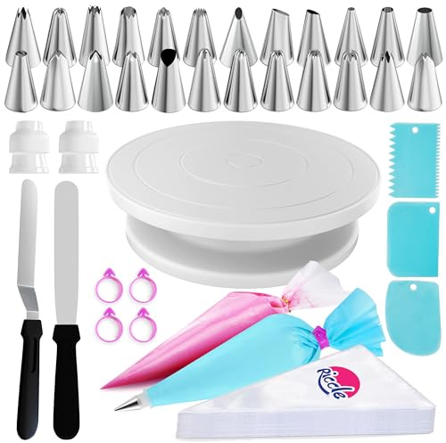 Riccle Kit de decoración de pasteles de 88 piezas con tocadiscos para tartas, 11.8 pulgadas, juego de decoración de pasteles con tocadiscos, 24 puntas de glaseado, 2 espátulas, 3 raspadores de peine