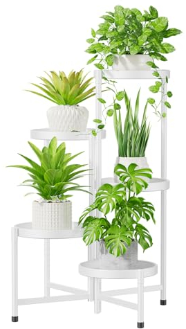 iDavosic.ly Pflanzenständer Metall Groß mit 5 Etagen, Blumenständer Pflanzenregal Blumenregal Indoor Outdoor, Faltbar Blumentreppen Innen Plant Stand Shelf für Garten Balkon Wohnzimmer, Weiß