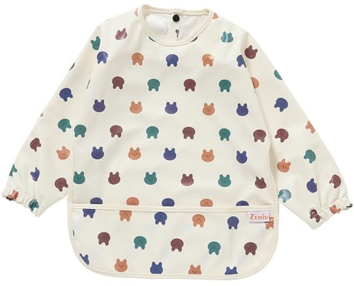 Zemiu Lätzchen Baby mit Ärmeln, 100% Wasserdicht & Weiches PU-Material, Maschinenwaschbar, Langärmeliger Schutzanzug Für Säuglingsfütterung - Geeignet Für Babys Von 6 Bis 30 Monaten -Gelb