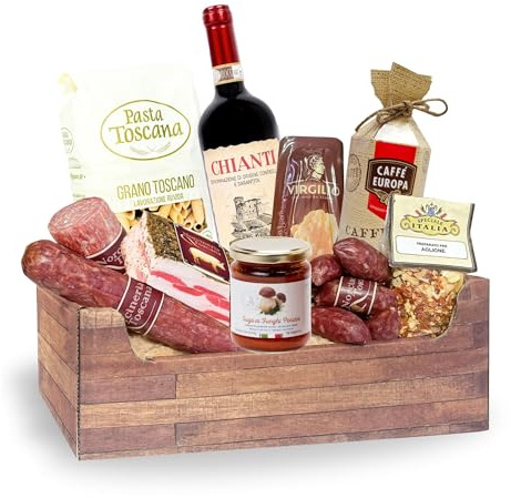 Speciale Italia – Cesto Regalo Gastronomico Italiano con Vino, Pasta, Salumi e Grana Padano, Box Toscana e Dintorni con Prodotti Tipici, Idea Regalo Natale, Pasqua, Compleanno e Aziendale