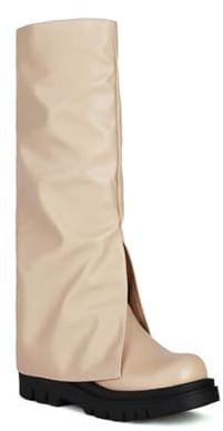 HQINGAXU Donne Stivali Alti da Equitazione in Pelle con Punta Rotonda Tacco Chunky Stivali Biker Lunghi con Risvolto Stivali Caldi Invernali Stivali da Lavoro A Polpaccio Largo,Beige,36 EU