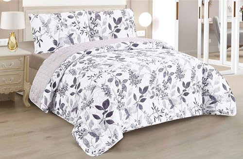 BESCH Colcha Boutis para Primavera y Verano con Diseño Hojas Gris + 2 Funda Cojin 50x70 cm - Cubrecama Ligera Fina Entretiempo Extra Suave y Transpirable (Cama 135, 220x260cm)