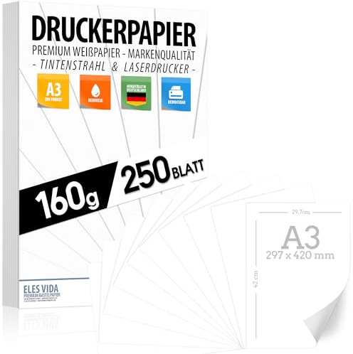 Carta per stampanti, formato A3, 160 g, bianca, 250 fogli, 29,7 x 42 cm, carta da disegno spessa, non stampata, per università, fotografie, presentazioni, artigianato, poster di alta qualità, made in