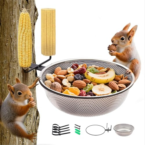 Squirrel Feeder Bowl (2L) Trees or Fences Mounted, Removable Squirrel Feeder with 2 Squirrel Corn Cob Spikes, Outdoor 8.8 Stainless Steel Feed Bowl with Drainage Holes, Easy to Clean/Refill(Black)