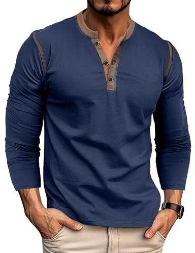 Henley T-shirt de golf à manches longues sans col en V pour homme, bleu marine, L