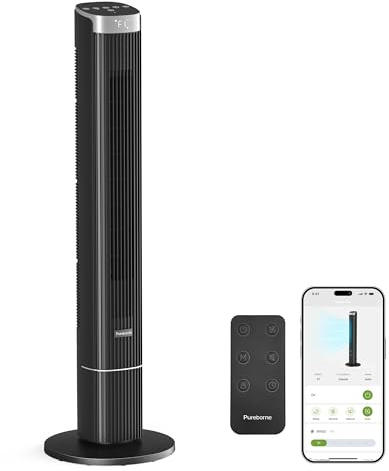 Pureborne 102CM Leiser Ventilator, 90° schwenkender Turmventilator mit Fernbedienung & App Steuerung, Blätterloser Ventilator, 4 Stufen & 4 Modi, 12h Timer Turmventilatoren für Schlafzimmer (Schwarz)