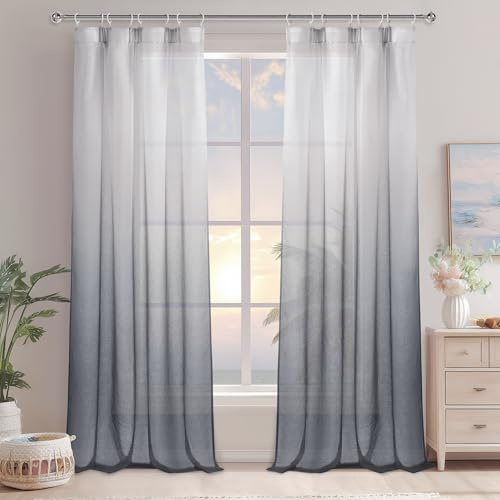 DWCN Voile gardiner med veckband, grå tvåfärgade gardiner med skensystem transparent gardin luftig lång sheer för vardagsrum flicka pojke sovrum H 260 x B 140 cm, set om 2
