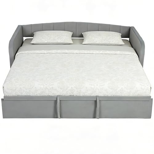 HOMCOM Struttura Letto 90/180x190 cm, Divano Letto Singolo Estraibile Convertibile in Matrimoniale, Testiera Imbottita, Braccioli, 2 Tasche, Rete a Doghe in Pioppo, per Soggiorno Ospiti, Grigio Chiaro