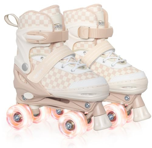 Nattork Adjustable Roller Skates for Kids Teens, Illuminating Wheels Roller Quad Skates with Checkerboard Design for Boys Girls Khaki Size 1 2 3 4