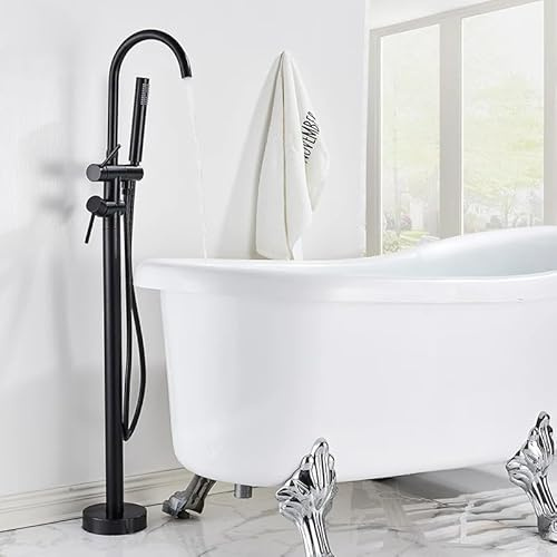 Rubinetto per vasca da bagno a forma arrotondata in piedi, rubinetto da bagno, set doccia montato a pavimento, con doccetta autoportante, colore: nero