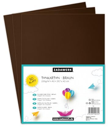ZADAWERK® Tonkarton - 220 g/m² - DIN A3 - Braun - 50 Blatt - Bastelkarton - farbige Pappbögen zum Basteln - Tonzeichenpapier dick - 42x29,7 cm groß - Bedruckbar