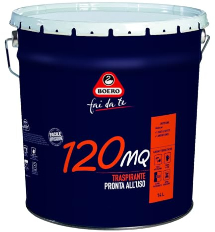 Boero Fai da Te, 120 MQ, Idropittura Traspirante per Interni, Pronta all’Uso, Opaca, Alta Traspirabilità, Ideale per Soffitti e Ambienti Umidi, Latta da 14L