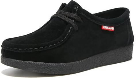 TRULAND Women’s Casual Moccasin Shoes - Suede Leather Lace Up Flat Wallabees Oxford Shoes (Black, UK Footwear Size System, Adult, Women, Numeric, Medium, 6.5)
