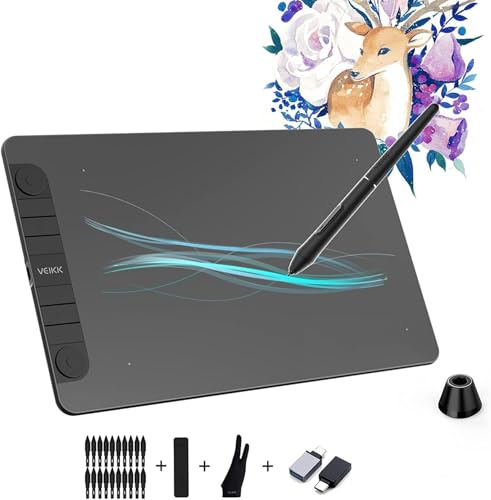 VEIKK VK1060PRO Graphics Tablet, 10 x 6 Inch Drawing Tablet with 8 Shortcut Keys, Double Dial Design, 8192 Pressure Levels, Battery-Free Pen, Compatible with Windows/Mac OS/Android/Linux