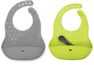 bblüv - Öket - Set med 2 silikonhaklappar och skedar som är lätta att rengöra och bära - lime