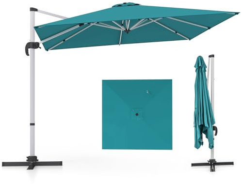 COSTWAY Parasol Déporté 3x3M, Parasol de Jardin Carré avec Base en Croix, Inclinable avec 5 Angles et Hauteurs Réglables, Parasol Excentré Rotatif à 360° avec Manivelle et Double Toit(Bleu)