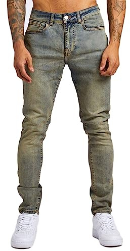 Osheoiso Vaqueros Rasgados de Hombre Skinny Denim Jeans Vintage Pantalone con Cremallera Jóvenes Moda Elasticos Agujero Pantalón Largo Vaqueros Ajustados G Amarillo Azul L