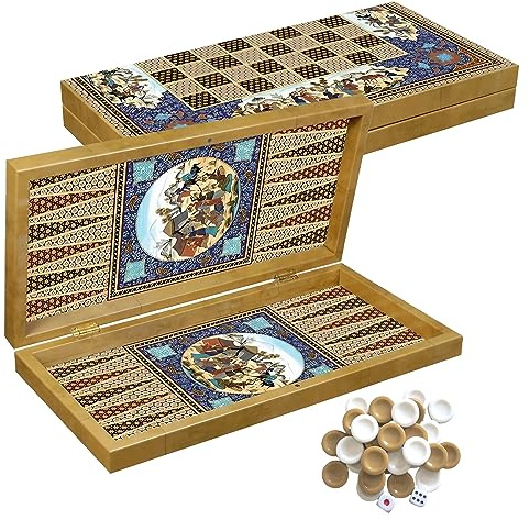PrimoLiving Deluxe Holz Backgammon Set Esfahan S – 28x 28 cm - inklusive Schachbrett - Reisespiel in braun