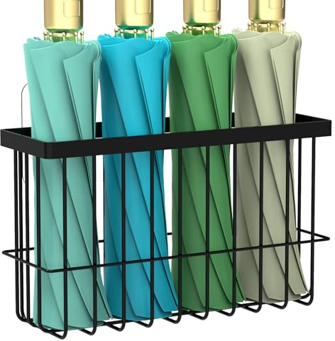 DODAMOUR Umbrella Stand Wall Mount - Metal Wire Storage Rack for Entryway, Door & Office - Space Saving Adhesive Organizer Holder for Long & Short Umbrellas, Walking Canes - No Drill Install (Black)