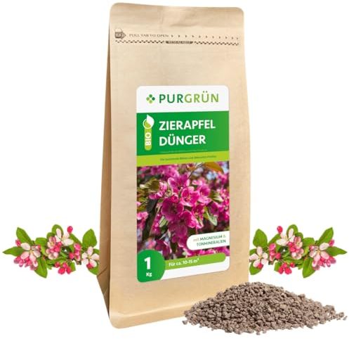 Purgrün® Bio-Zierapfel-Dünger 1 kg – Erhöhte Widerstandskraft dank extra Kalium – Vegan – Prächtige Blüten und sattgrüne Blätter – Verbessert die Bodenqualität – Baumdünger für 2-3 Zierapfelbäume