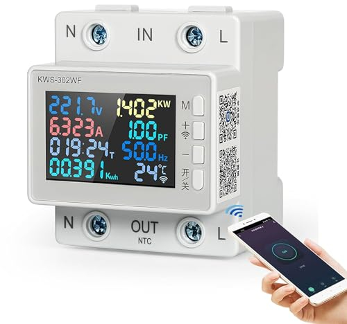 DEWIN Misuratore di Consumo Elettrico WiFi, 8 in 1 63A 170-300VAC Misuratore Energia Elettrica WiFi Tuya Smart Misuratore Consumo Elettrico Casa HD Display Digitale