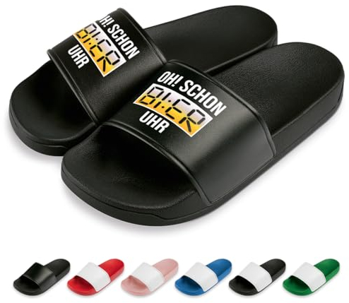 Oh Schon Wieder Bier Uhr Badelatschen | Slipper | Schlappen | Hausschuhe | Pantoletten | Unisex | Malle | JGA | Geschenkidee | rutschfest | Schwarz | Größe 45